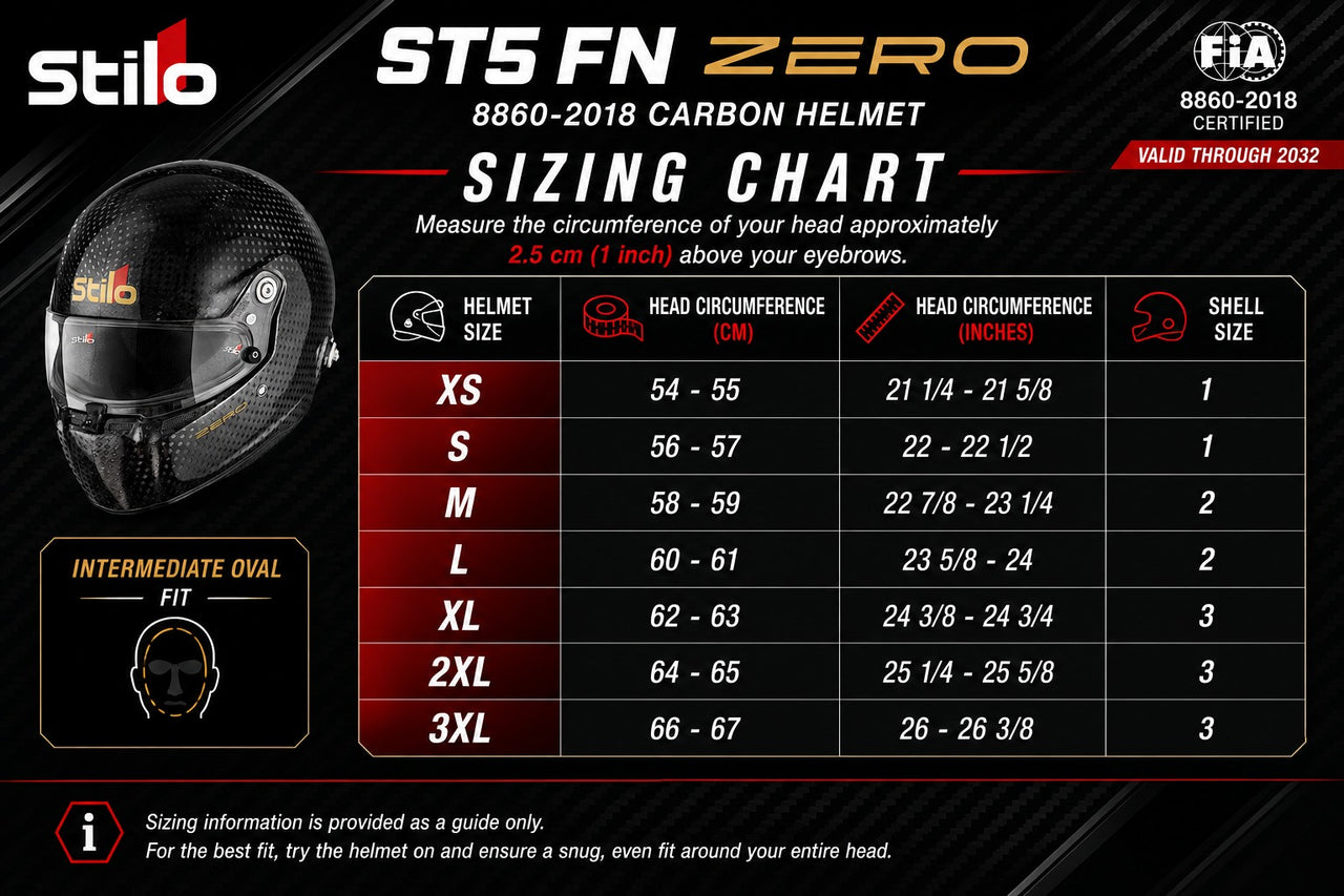 Stilo ST5 FN ZERO FIA 8860-2018 carbon helmet sizing chart with XS through 3XL sizes, head circumference measurements, shell sizes, and intermediate oval fit information
