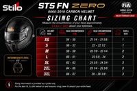 Thumbnail for Stilo ST5 FN ZERO FIA 8860-2018 carbon helmet sizing chart with XS through 3XL sizes, head circumference measurements, shell sizes, and intermediate oval fit information