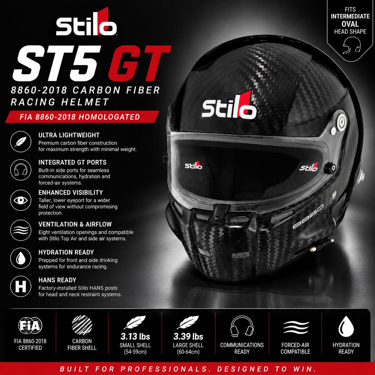 Stilo ST5 GT 8860-2018 carbon fiber racing helmet hero image highlighting lightweight construction, integrated GT ports, ventilation, hydration compatibility, and HANS readiness