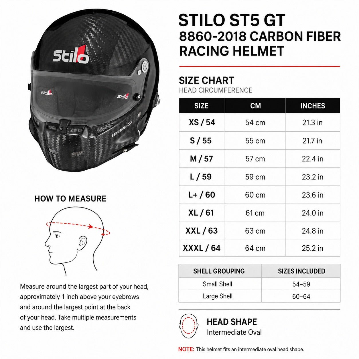 Stilo ST5 GT 8860-2018 carbon fiber racing helmet sizing chart with Stilo size, head circumference, shell grouping, and intermediate oval fit