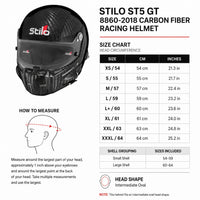 Thumbnail for Stilo ST5 GT 8860-2018 carbon fiber racing helmet sizing chart with Stilo size, head circumference, shell grouping, and intermediate oval fit