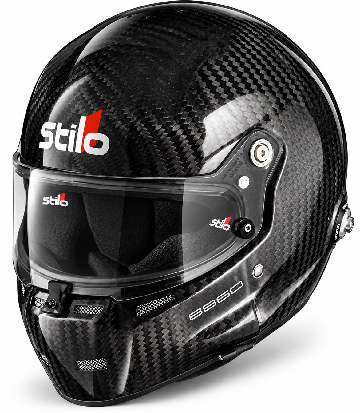 Stilo ST5 GT Carbon Fiber Racing Helmet with FIA 8860-2018 certification, shown in a front three-quarter view featuring a glossy exposed carbon fiber shell, clear racing visor, center shield locking mechanism, integrated chin ventilation, HANS anchor, and Stilo branding on a clean white background.