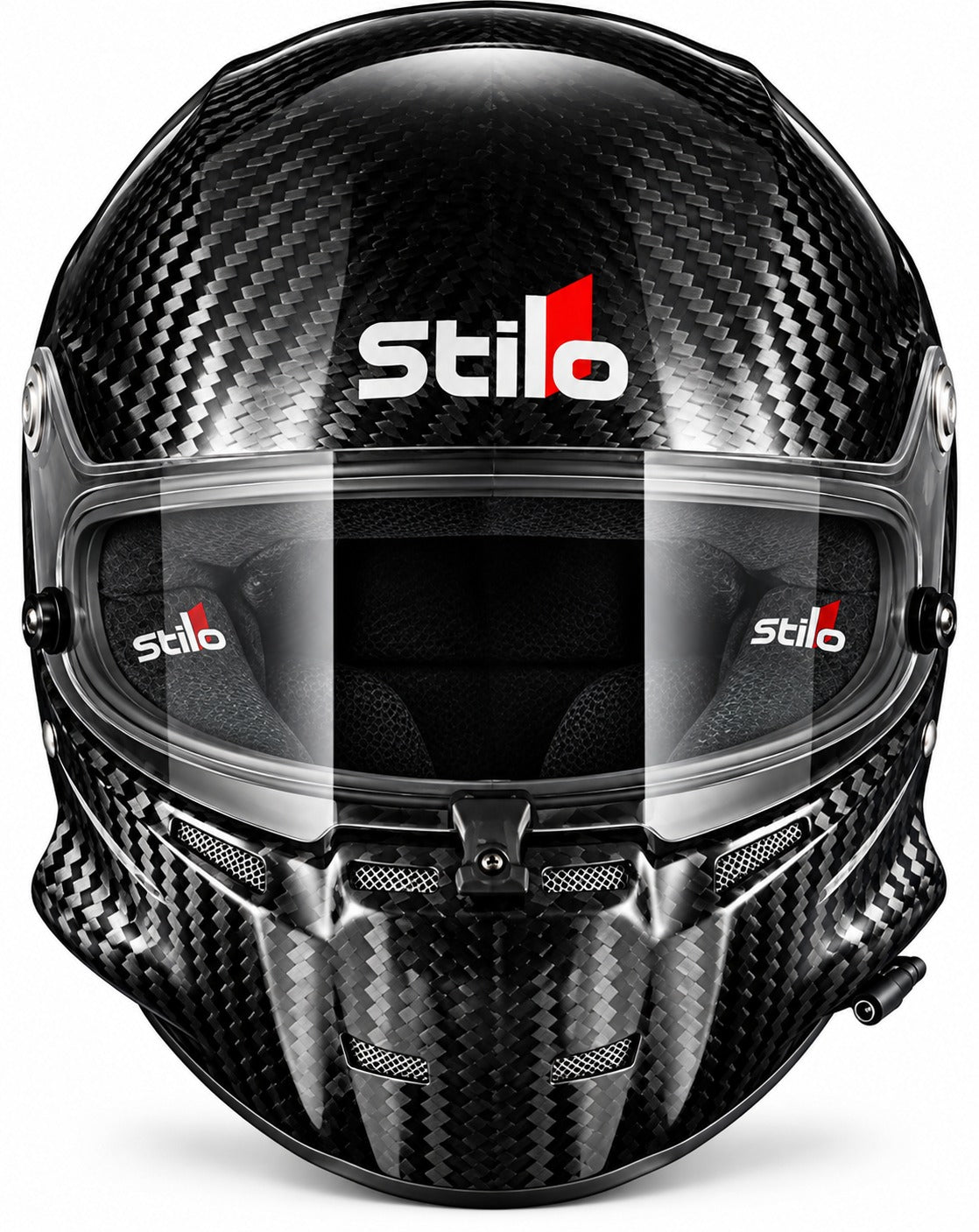 Stilo ST5 GT Carbon Fiber Racing Helmet with FIA 8860-2018 certification, shown from the front with a glossy exposed carbon fiber shell, clear anti-fog visor, central shield locking mechanism, integrated chin ventilation, and Stilo branding on a clean white background.