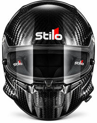 Thumbnail for Stilo ST5 GT Carbon Fiber Racing Helmet with FIA 8860-2018 certification, shown from the front with a glossy exposed carbon fiber shell, clear anti-fog visor, central shield locking mechanism, integrated chin ventilation, and Stilo branding on a clean white background.