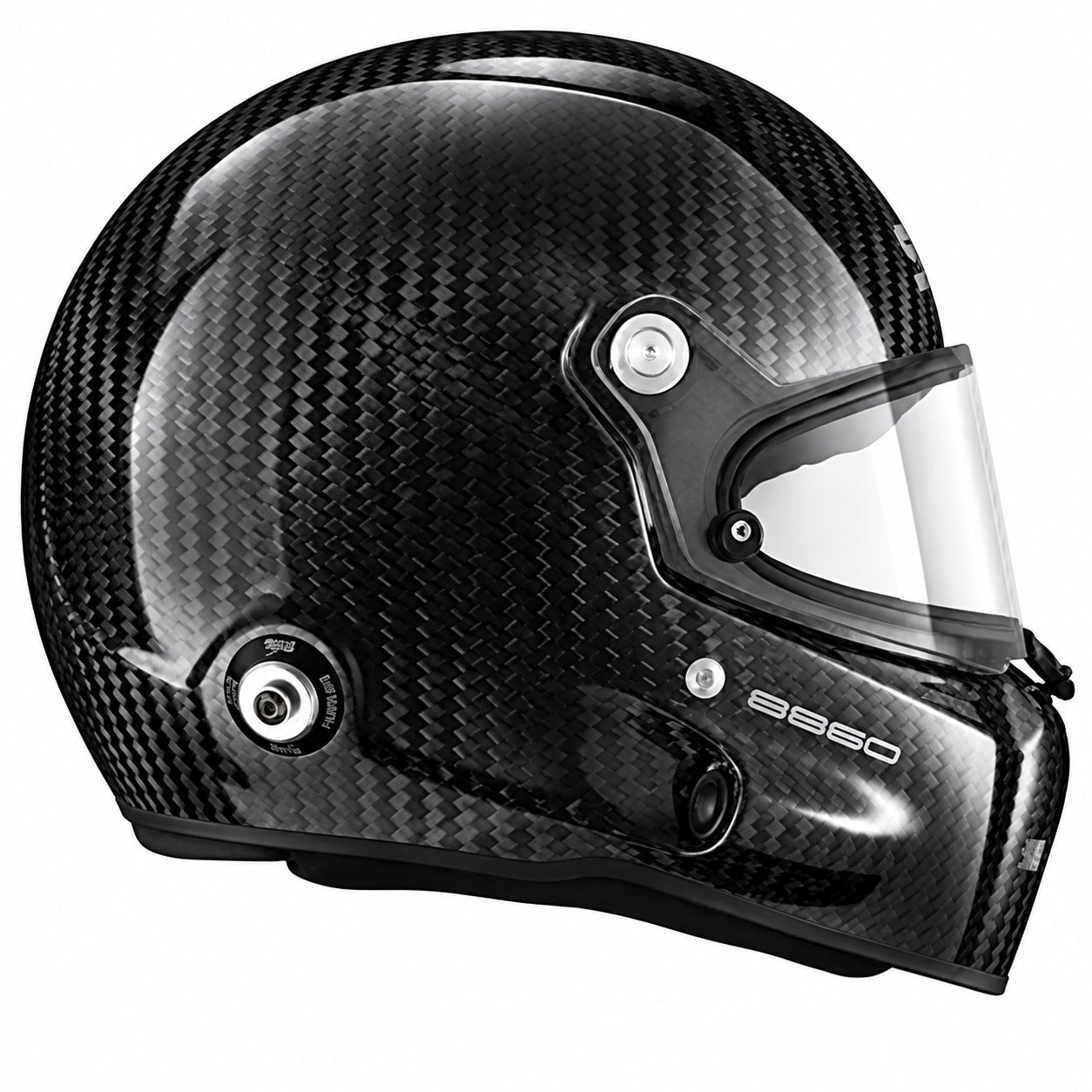 Stilo ST5 GT Carbon Fiber Racing Helmet with FIA 8860-2018 certification, shown in right-side profile featuring a glossy exposed carbon fiber shell, clear racing visor, HANS anchor, integrated side accessory port, and aerodynamic design on a white background.