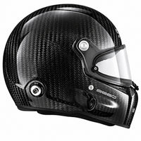 Thumbnail for Stilo ST5 GT Carbon Fiber Racing Helmet with FIA 8860-2018 certification, shown in right-side profile featuring a glossy exposed carbon fiber shell, clear racing visor, HANS anchor, integrated side accessory port, and aerodynamic design on a white background.