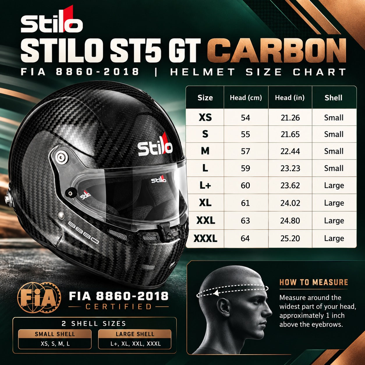 Stilo ST5 GT Carbon Fiber FIA 8860-2018 racing helmet sizing chart showing sizes XS through XXXL, head circumference measurements from 54 to 64 cm with inch conversions, small and large shell sizes, and proper helmet measuring instructions.