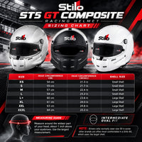 Thumbnail for Stilo ST5 GT Composite Racing Helmet Sizing Chart Featuring Silver, Matte Black, and White Helmets, Sizes XS to XXXL, Head Circumference in Centimeters and Inches, Small and Large Shell Sizes, and Intermediate Oval Fit Guide.