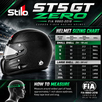 Thumbnail for Stilo ST5 GT ZERO Carbon Fiber Racing Helmet FIA 8860-2018 sizing chart showing XS through XXXL helmet sizes, head circumference in centimeters and inches, small and large shell sizes, and head measurement instructions.