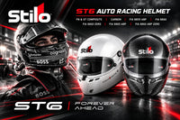 Thumbnail for Stilo ST6 auto racing helmet collection hero image featuring GT and FN Composite, Carbon, FIA 8859 ABP, and FIA 8860 helmet models with professional motorsport styling and the Stilo Forever Ahead branding.