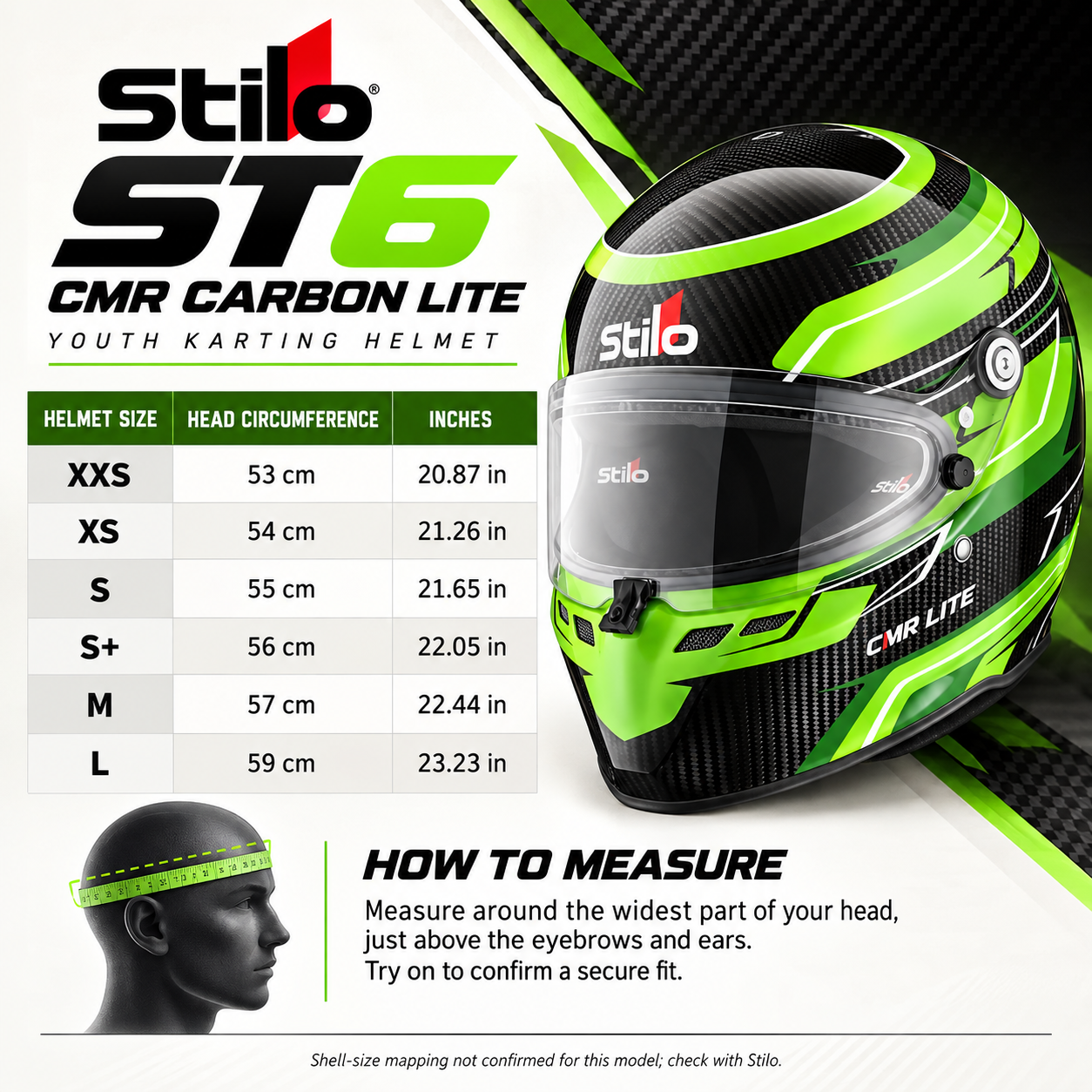 Stilo ST6 CMR Carbon Lite Green Youth Karting Helmet sizing chart showing helmet sizes XXS through L, head circumference measurements in centimeters and inches, and instructions for measuring head size.