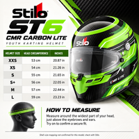 Thumbnail for Stilo ST6 CMR Carbon Lite Green Youth Karting Helmet sizing chart showing helmet sizes XXS through L, head circumference measurements in centimeters and inches, and instructions for measuring head size.