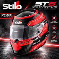 Thumbnail for Stilo ST6 CMR Carbon Lite Red youth karting helmet hero image featuring a carbon fiber shell, red racing graphics, clear visor, and CMR2016 certification.