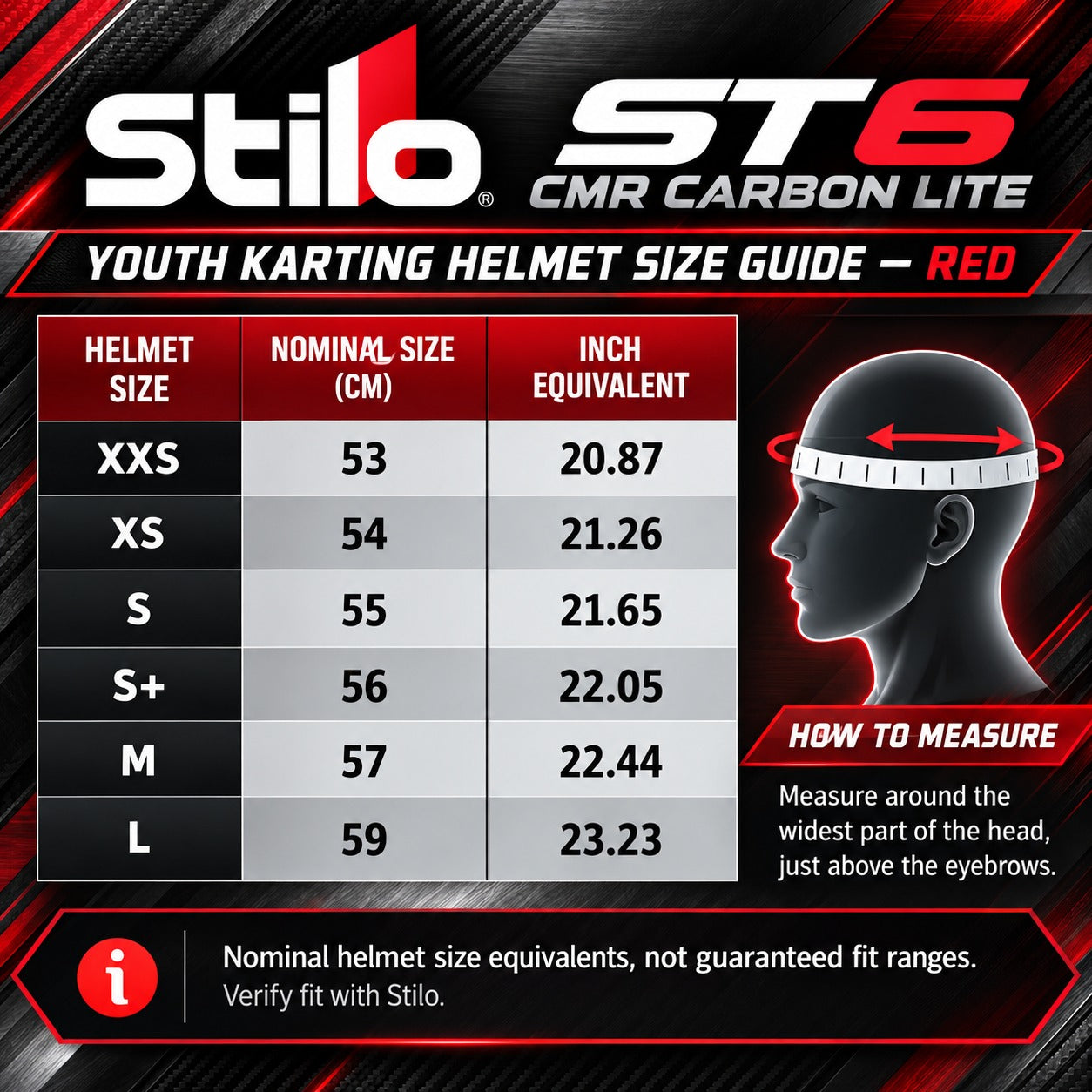 Stilo ST6 CMR Carbon Lite Red youth karting helmet sizing chart showing sizes XXS through L, nominal measurements from 53 to 59 cm, inch equivalents, and head measuring instructions.