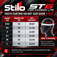 Thumbnail for Stilo ST6 CMR Carbon Lite Red youth karting helmet sizing chart showing sizes XXS through L, nominal measurements from 53 to 59 cm, inch equivalents, and head measuring instructions.