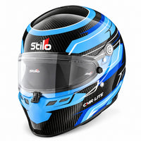 Thumbnail for Stilo ST6 CMR Carbon Lite youth karting helmet in blue with exposed carbon fiber shell, clear visor, and CMR2016 certification.