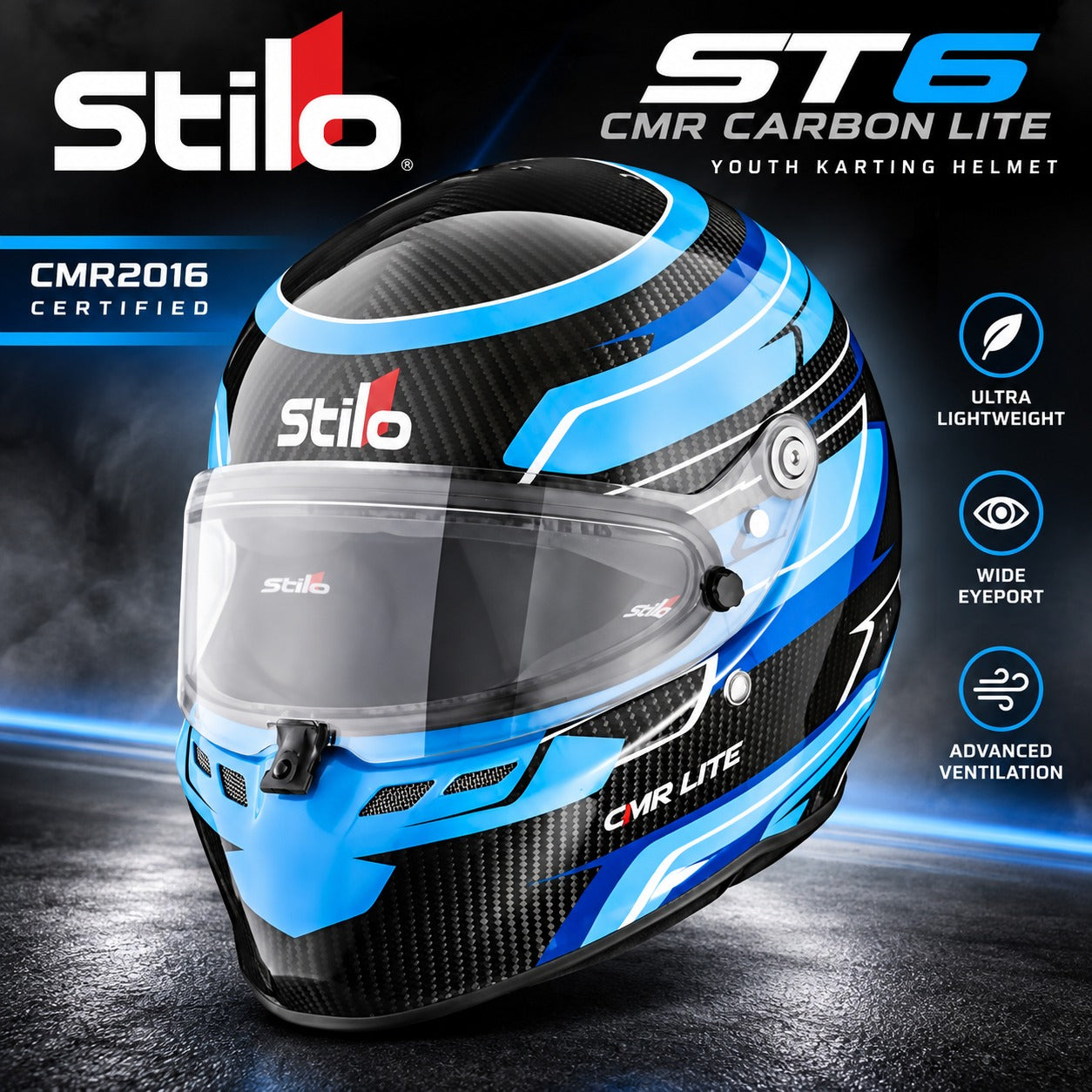 Stilo ST6 CMR Carbon Lite youth karting helmet hero image featuring the blue carbon fiber helmet with clear visor and CMR2016 certification.