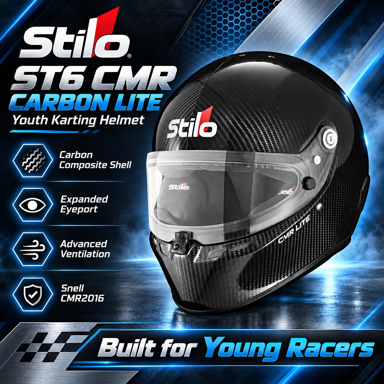 Stilo ST6 CMR Carbon Lite youth karting helmet in black carbon fiber, shown with a clear visor against a blue and black graphic background with product feature icons and text.