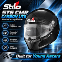 Thumbnail for Stilo ST6 CMR Carbon Lite youth karting helmet in black carbon fiber, shown with a clear visor against a blue and black graphic background with product feature icons and text.