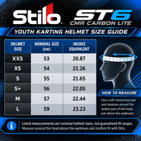 Thumbnail for Stilo ST6 CMR Carbon Lite youth karting helmet sizing chart showing sizes XXS through L, nominal measurements from 53 to 59 cm, inch equivalents, and head measuring instructions.