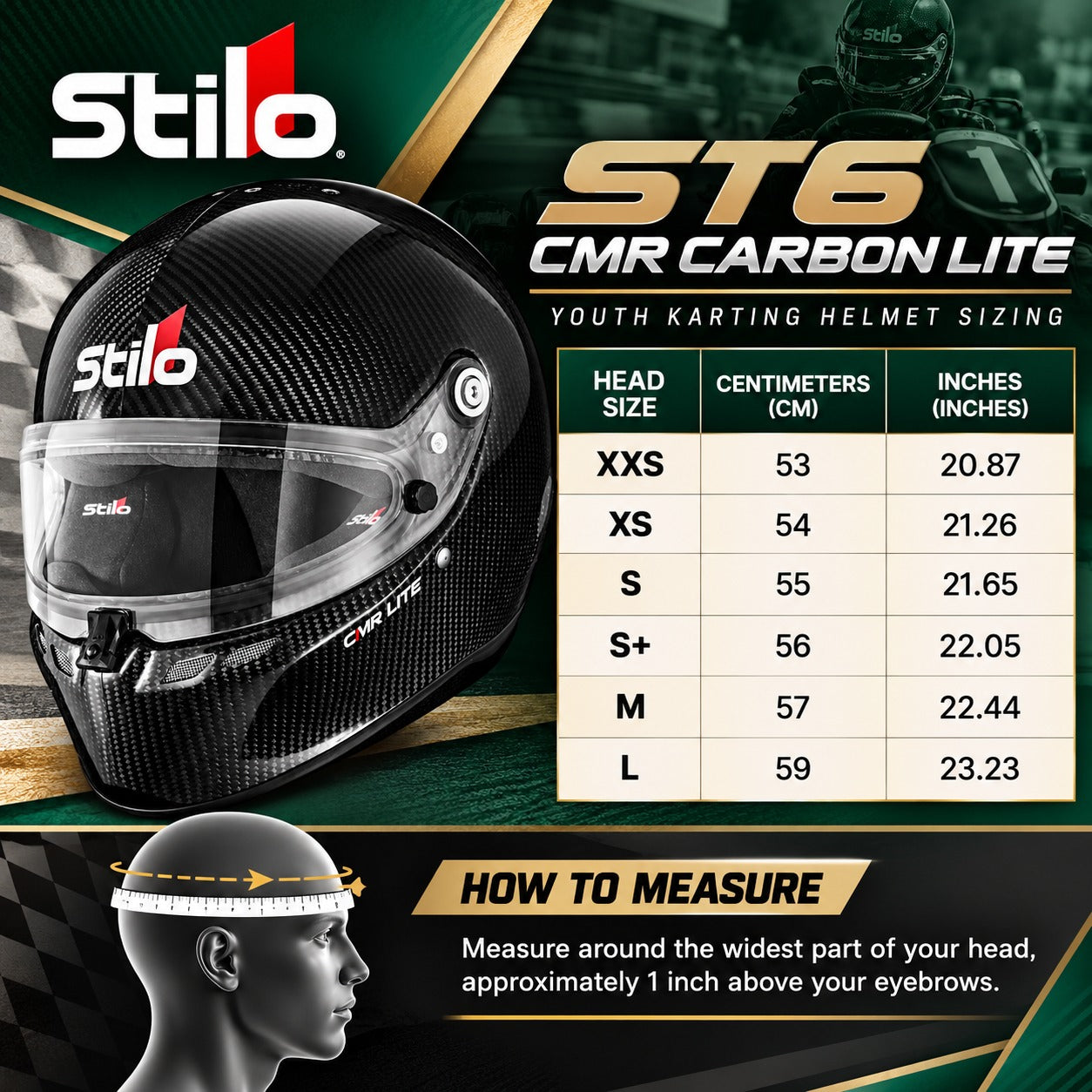Stilo ST6 CMR Carbon Lite Youth Karting Helmet sizing chart showing sizes XXS through L, head circumference measurements in centimeters and inches, and instructions for measuring helmet fit.