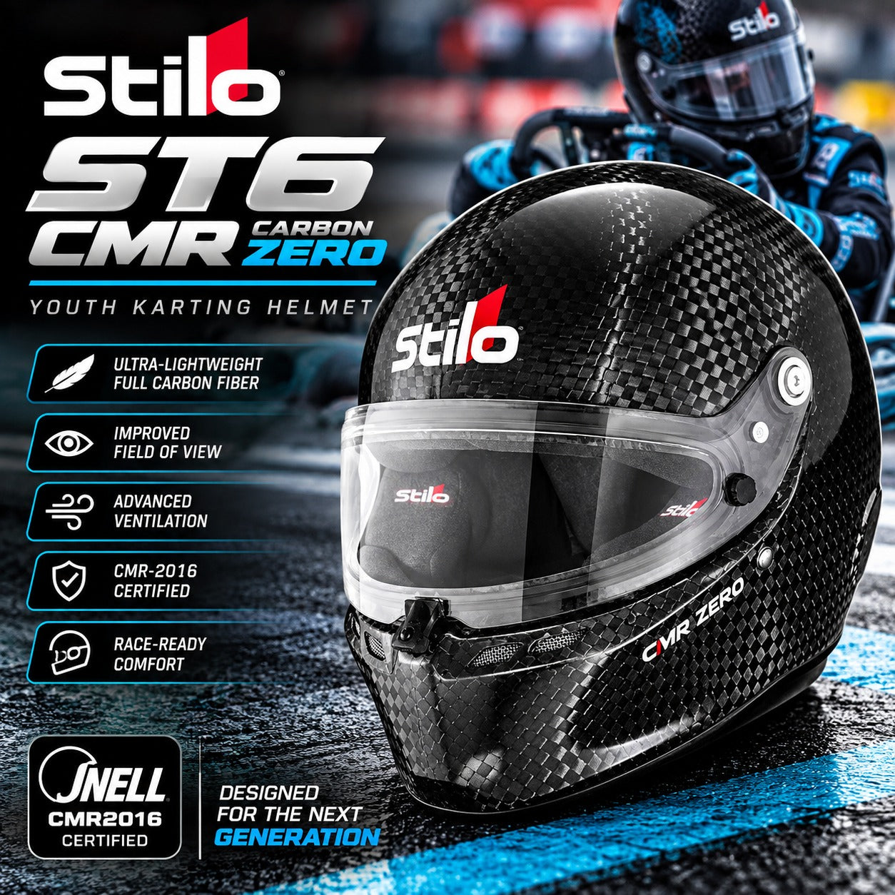 Stilo ST6 CMR Carbon Zero youth kart racing helmet hero image featuring an ultra-lightweight carbon fiber shell, improved visibility, advanced ventilation, and Snell CMR2016 certification.