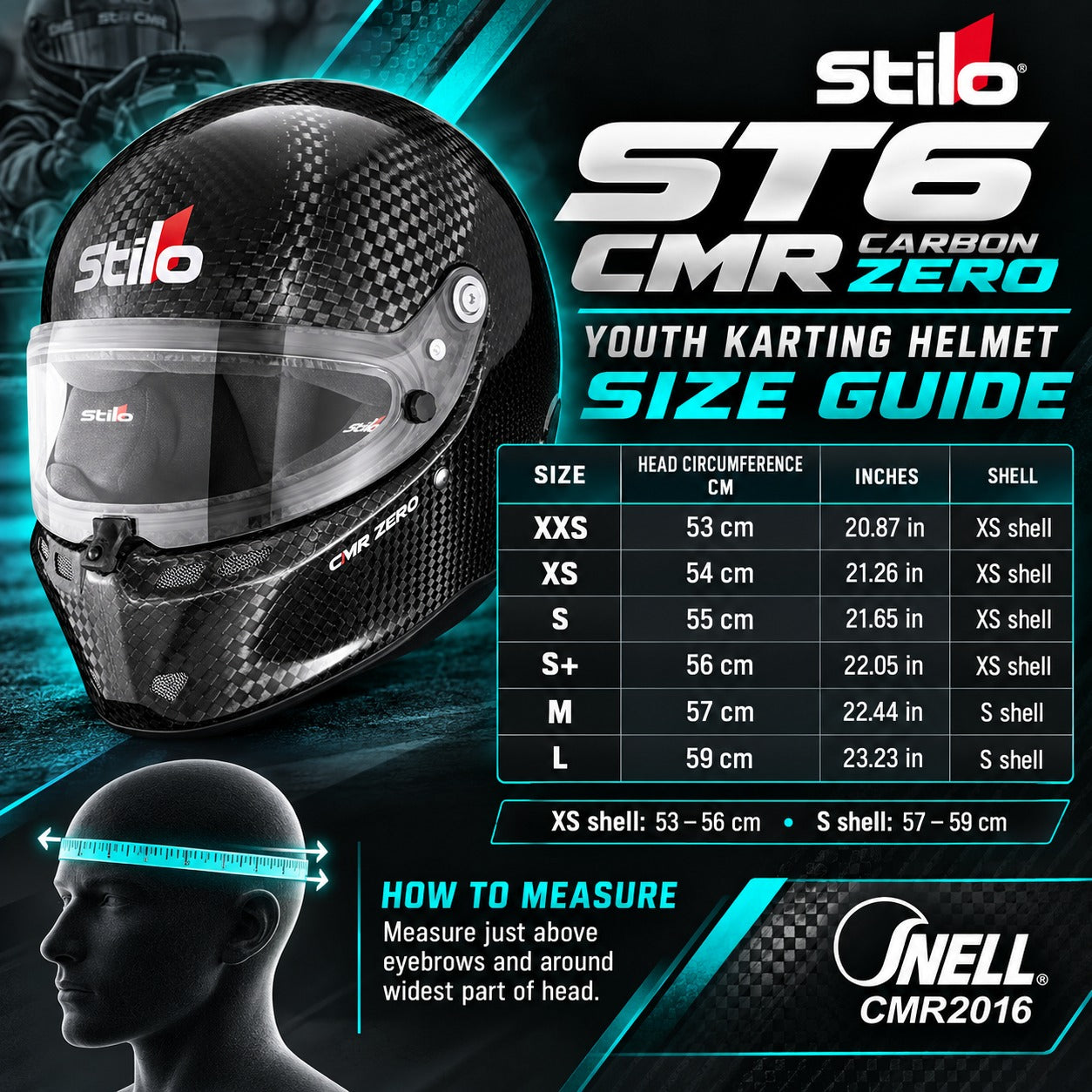 Stilo ST6 CMR Carbon Zero youth kart racing helmet sizing chart showing XXS through L sizes, head circumference in centimeters and inches, XS and S shell sizes, and Snell CMR2016 certification.