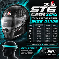 Thumbnail for Stilo ST6 CMR Carbon Zero youth kart racing helmet sizing chart showing XXS through L sizes, head circumference in centimeters and inches, XS and S shell sizes, and Snell CMR2016 certification.