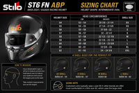 Thumbnail for A sizing chart graphic for the Stilo ST6 FN ABP racing helmet, showing a black helmet illustration on the left and a table mapping head circumference in centimeters and inches to shell sizes from XS to XXL. The chart includes brand branding, model text, and fit guidance.