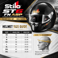 Thumbnail for Stilo ST6 FN ABP Carbon Fiber Racing Helmet sizing chart showing helmet sizes XS through 3XL, head circumference measurements in centimeters and inches, FIA 8859-2024 ABP and Snell SA2025 certification, and head measuring instructions.