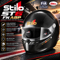 Thumbnail for Stilo ST6 FN ABP Carbon Fiber Racing Helmet featuring FIA 8859-2024 ABP and Snell SA2025 certifications, lightweight carbon construction, improved airflow, wider eyeport, and dual-lock visor against a motorsport racetrack background.