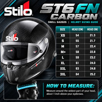 Thumbnail for Stilo ST6 FN Carbon Fiber SA2025 Racing Helmet Sizing Chart showing XS through 3XL helmet sizes, head circumference measurements in centimeters and inches, and proper head measuring instructions.