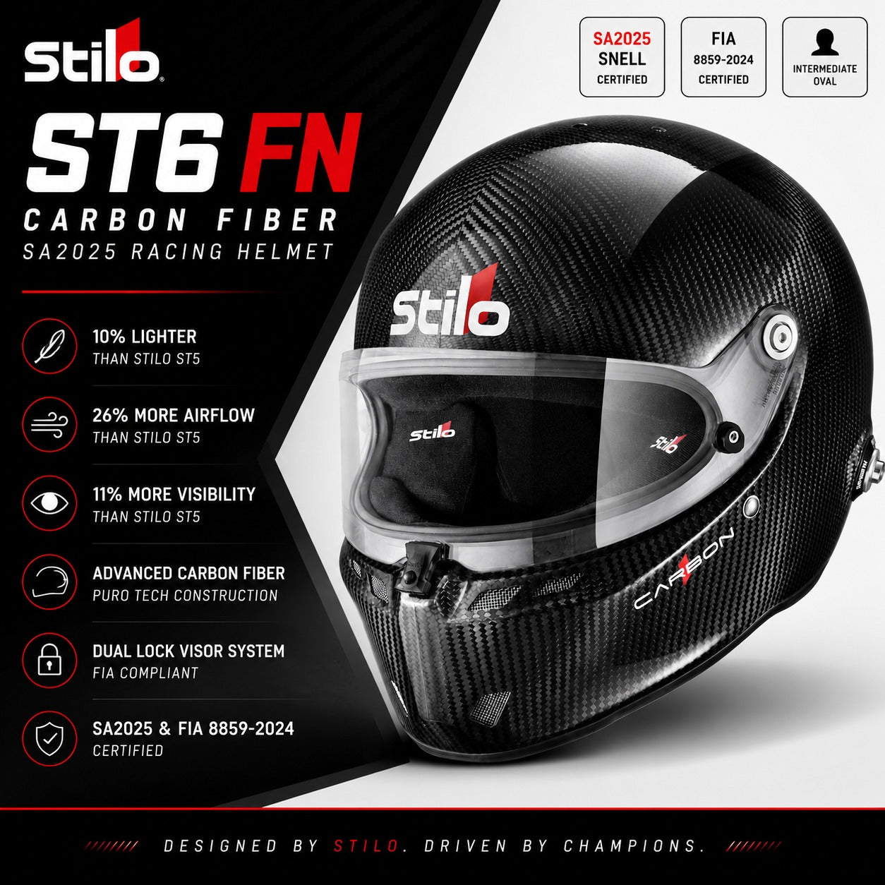 Stilo ST6 FN Carbon Fiber SA2025 racing helmet hero image highlighting lightweight carbon construction, airflow, visibility, and dual-lock visor system