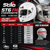 Thumbnail for Stilo ST6 FN composite helmet sizing chart graphic showing two full-face helmets, one white and one dark gray, alongside a measurement table and how-to-measure diagram with a headband on a model's head.