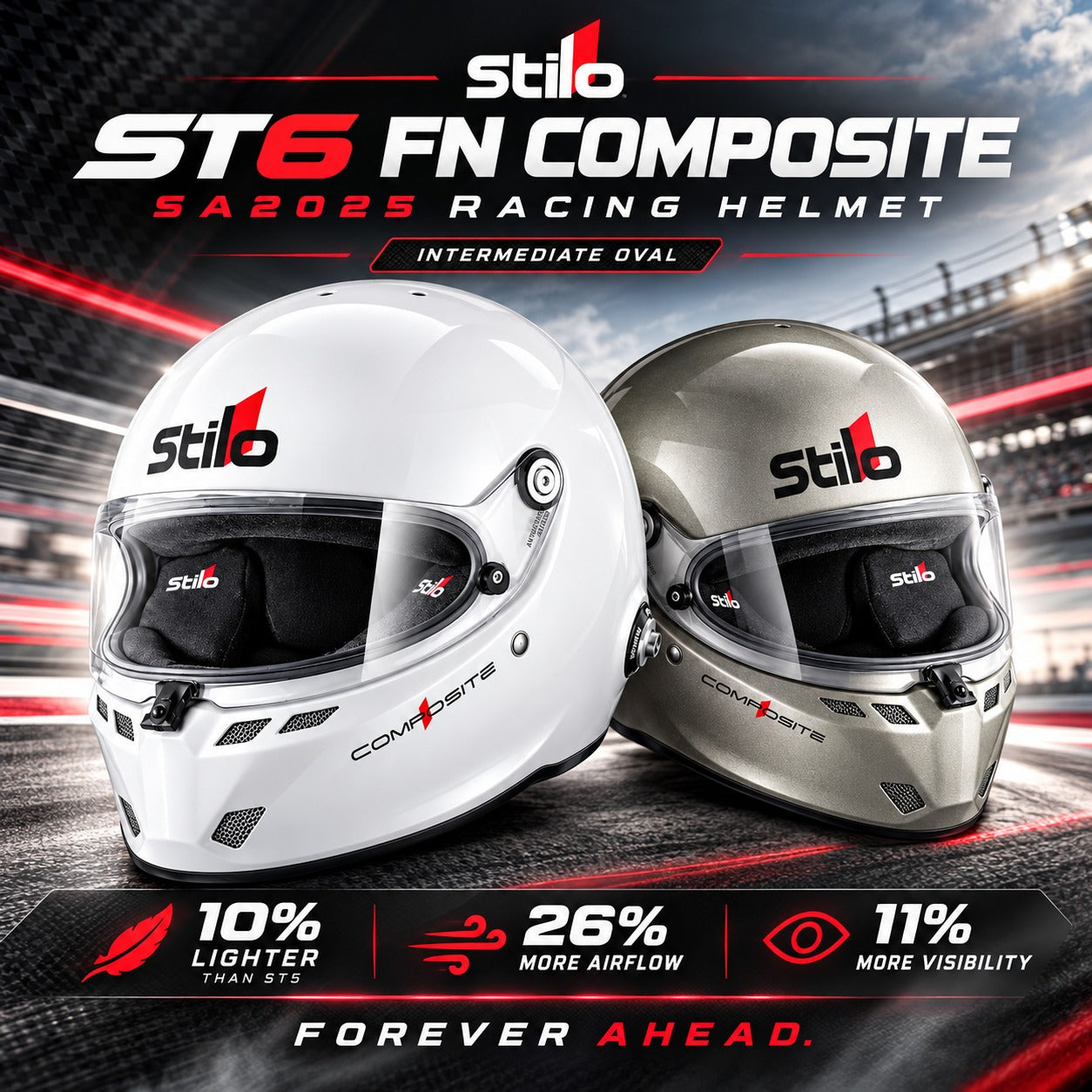Stilo ST6 FN Composite SA2025 Racing Helmets in white and silver, featuring aerodynamic full-face designs, clear visors, intermediate oval fit, 10% lighter construction, 26% more airflow, and 11% greater visibility compared to the ST5.