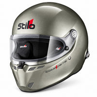 Thumbnail for Stilo ST6 FN Composite Auto Racing Helmet in metallic silver, shown in front three-quarter view with clear visor, aerodynamic ventilation ports, black interior padding, and HANS anchor mounting hardware.