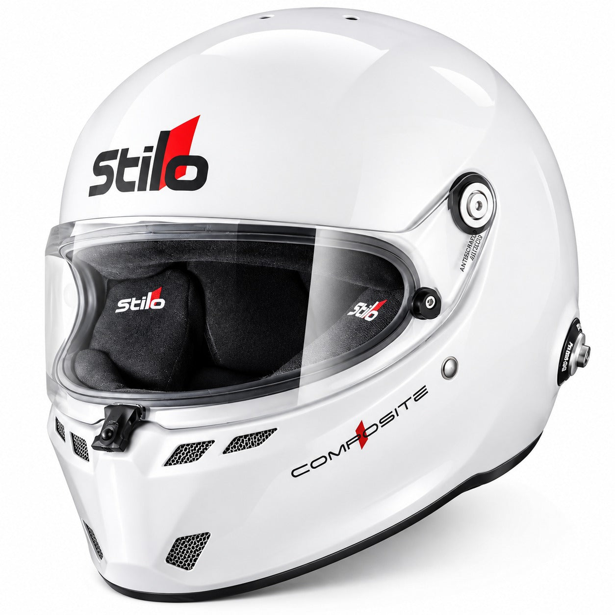 Stilo ST6 FN Composite Auto Racing Helmet in white, shown in front three-quarter view with clear visor, aerodynamic ventilation ports, black interior padding, and HANS anchor mounting hardware.