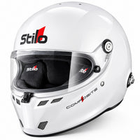 Thumbnail for Stilo ST6 FN Composite Auto Racing Helmet in white, shown in front three-quarter view with clear visor, aerodynamic ventilation ports, black interior padding, and HANS anchor mounting hardware.