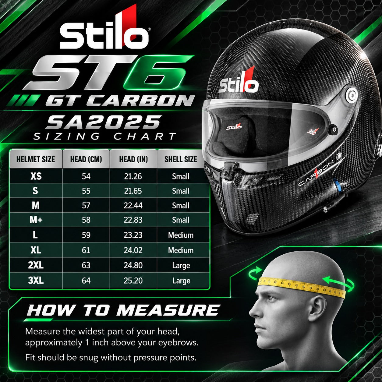 Stilo ST6 GT Carbon Fiber Snell SA2025 racing helmet sizing chart featuring sizes XS through 3XL, head circumference measurements from 54 to 64 cm in centimeters and inches, three helmet shell sizes, and head measuring instructions.
