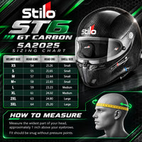 Thumbnail for Stilo ST6 GT Carbon Fiber Snell SA2025 racing helmet sizing chart featuring sizes XS through 3XL, head circumference measurements from 54 to 64 cm in centimeters and inches, three helmet shell sizes, and head measuring instructions.
