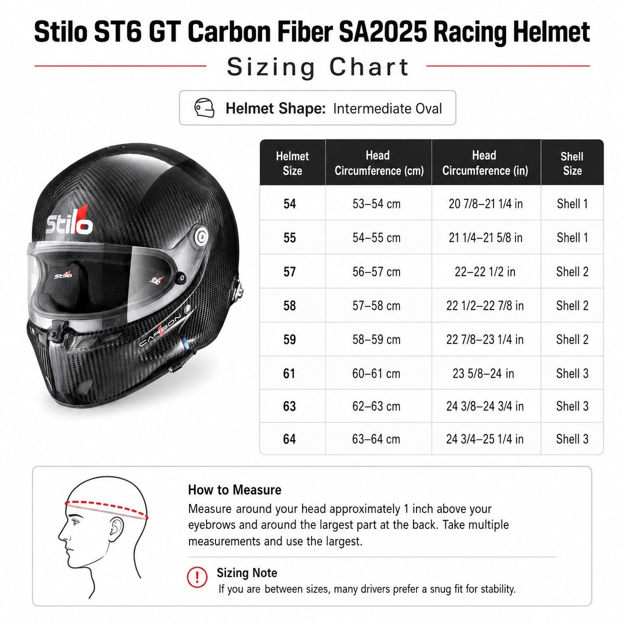 Stilo ST6 GT Carbon Fiber SA2025 racing helmet sizing chart with head circumference measurements, shell sizes, and measuring guide