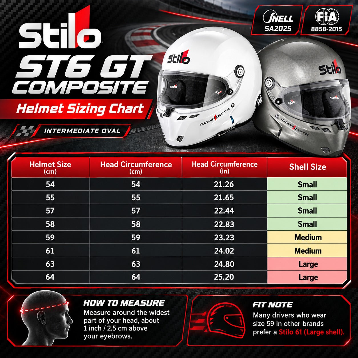 Stilo ST6 GT Composite SA2025 Racing Helmet sizing chart featuring white and silver helmets, sizes 54 to 64, head circumference in centimeters and inches, small, medium, and large shell sizes, and helmet measuring instructions.