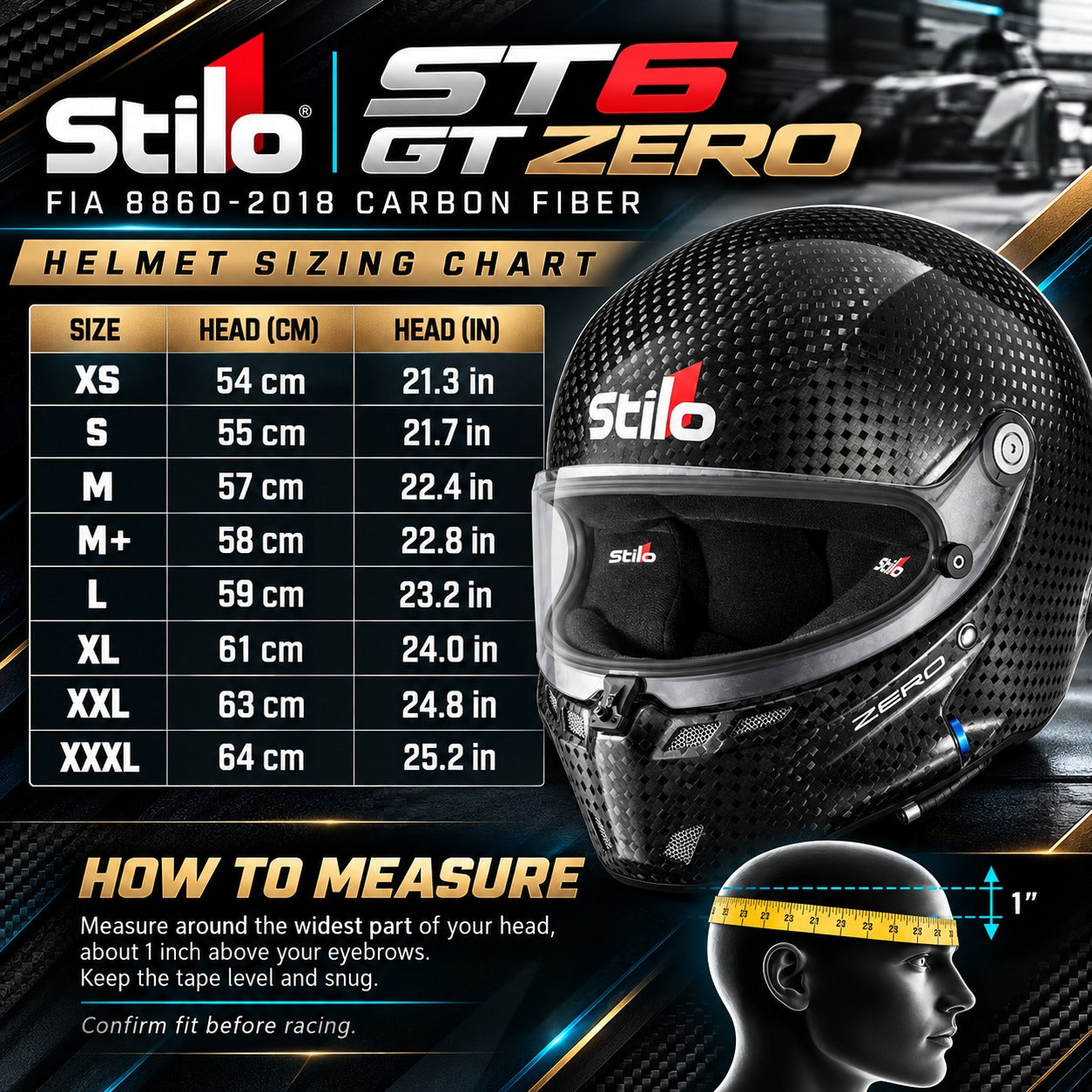 Stilo ST6 GT ZERO FIA 8860-2018 Carbon Fiber Racing Helmet Sizing Chart with XS to XXXL Sizes, Head Circumference in Centimeters and Inches, and Helmet Measuring Instructions.
