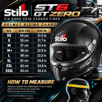 Thumbnail for Stilo ST6 GT ZERO FIA 8860-2018 Carbon Fiber Racing Helmet Sizing Chart with XS to XXXL Sizes, Head Circumference in Centimeters and Inches, and Helmet Measuring Instructions.