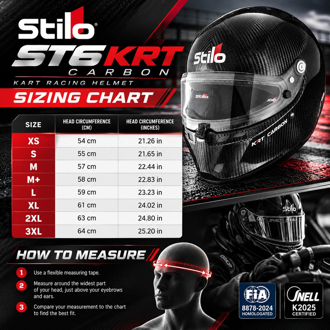 Stilo ST6 KRT Carbon kart racing helmet sizing chart showing XS through 3XL sizes, head circumference measurements in centimeters and inches, and proper head measurement instructions.