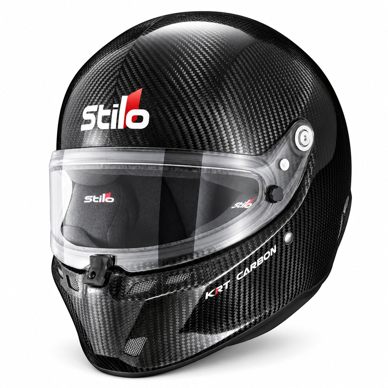 Stilo ST6 KRT Carbon Kart Racing Helmet with exposed carbon fiber shell, clear visor, and advanced ventilation, FIA 8878-2024 and Snell K2025 certified.