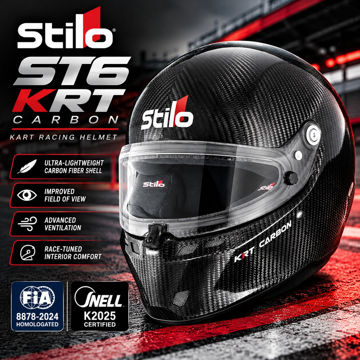 Stilo ST6 KRT Carbon Kart Racing Helmet promotional hero image featuring carbon fiber construction, advanced ventilation, improved visibility, and FIA 8878-2024 / Snell K2025 certifications.