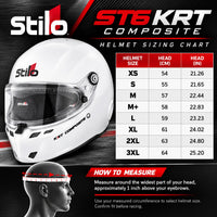 Thumbnail for Stilo ST6 KRT Composite Karting Helmet sizing chart showing helmet sizes XS through 3XL, head circumference measurements in centimeters and inches, and instructions for measuring proper helmet fit.