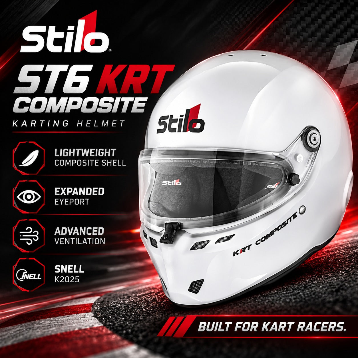 Stilo ST6 KRT Composite Karting Helmet in white featuring a lightweight composite shell, expanded eyeport, advanced ventilation, and Snell K2025 certification.