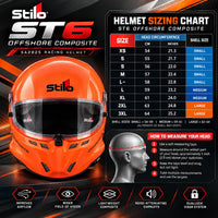 Thumbnail for Stilo ST6 Offshore Composite SA2025 orange racing helmet sizing chart showing sizes XS through 3XL, head circumference in centimeters and inches, shell sizes, and proper head measuring instructions, with airflow, visibility, and visor features.